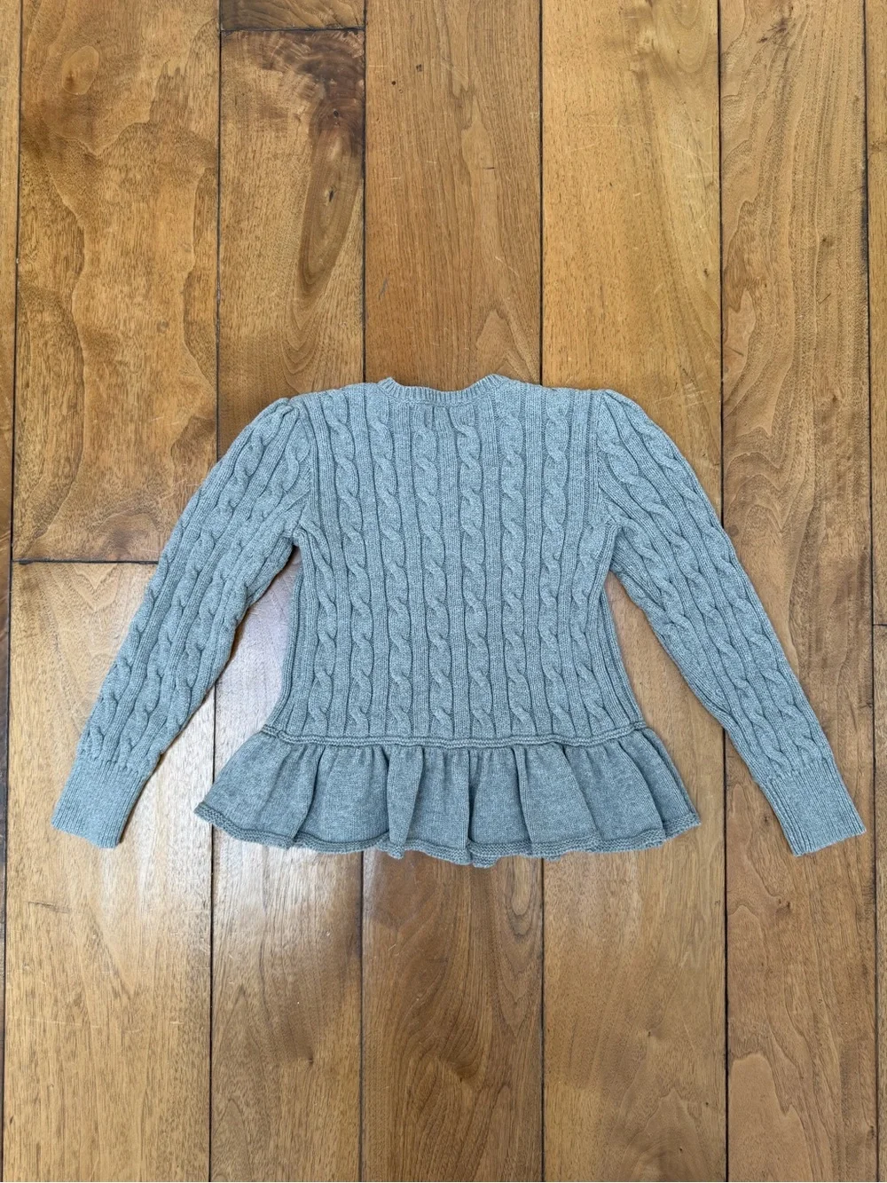 Ralph Lauren Girls Cable Knit Peplum Cardigan Gray Purple Pony Size 6 Cotton